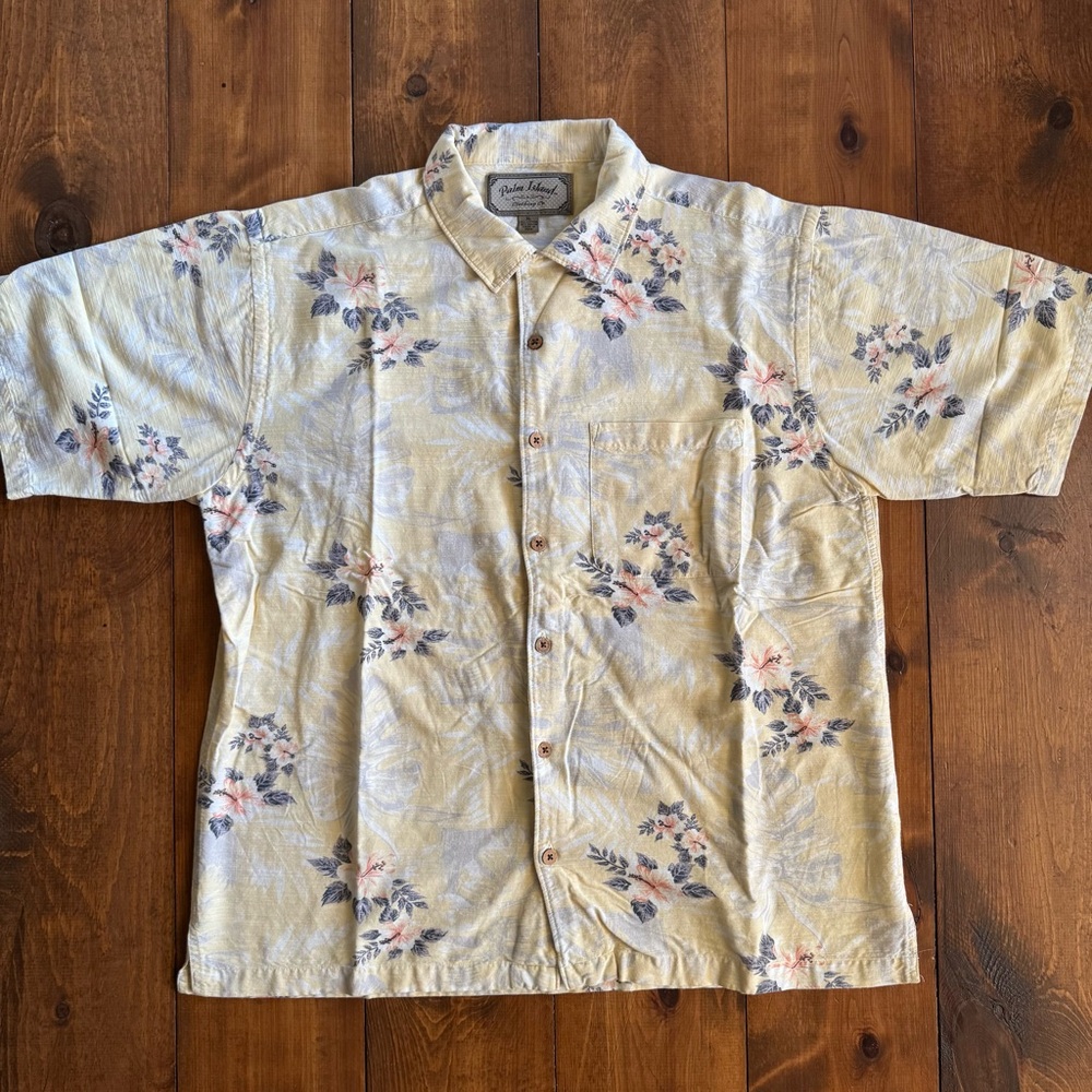 EUC Palm Island XL Hawaiian Floral Short-Sleeve Button-Down Shirt - Soft Yellow
